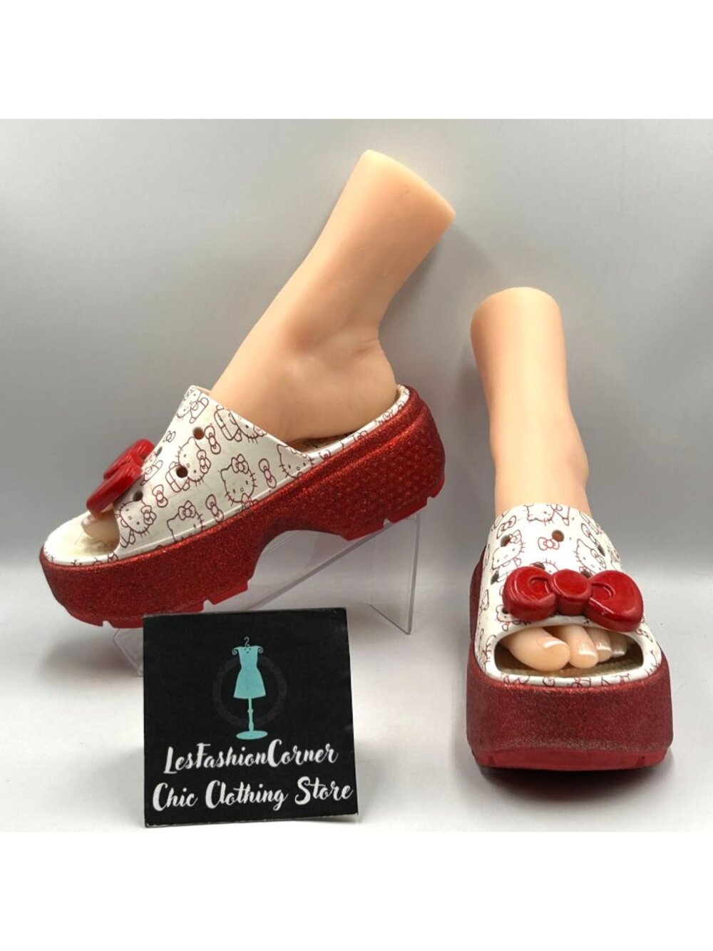 Crocs Women's Red White Croslite Hello Kitty Platform Slip-On Sandals Size 7  36